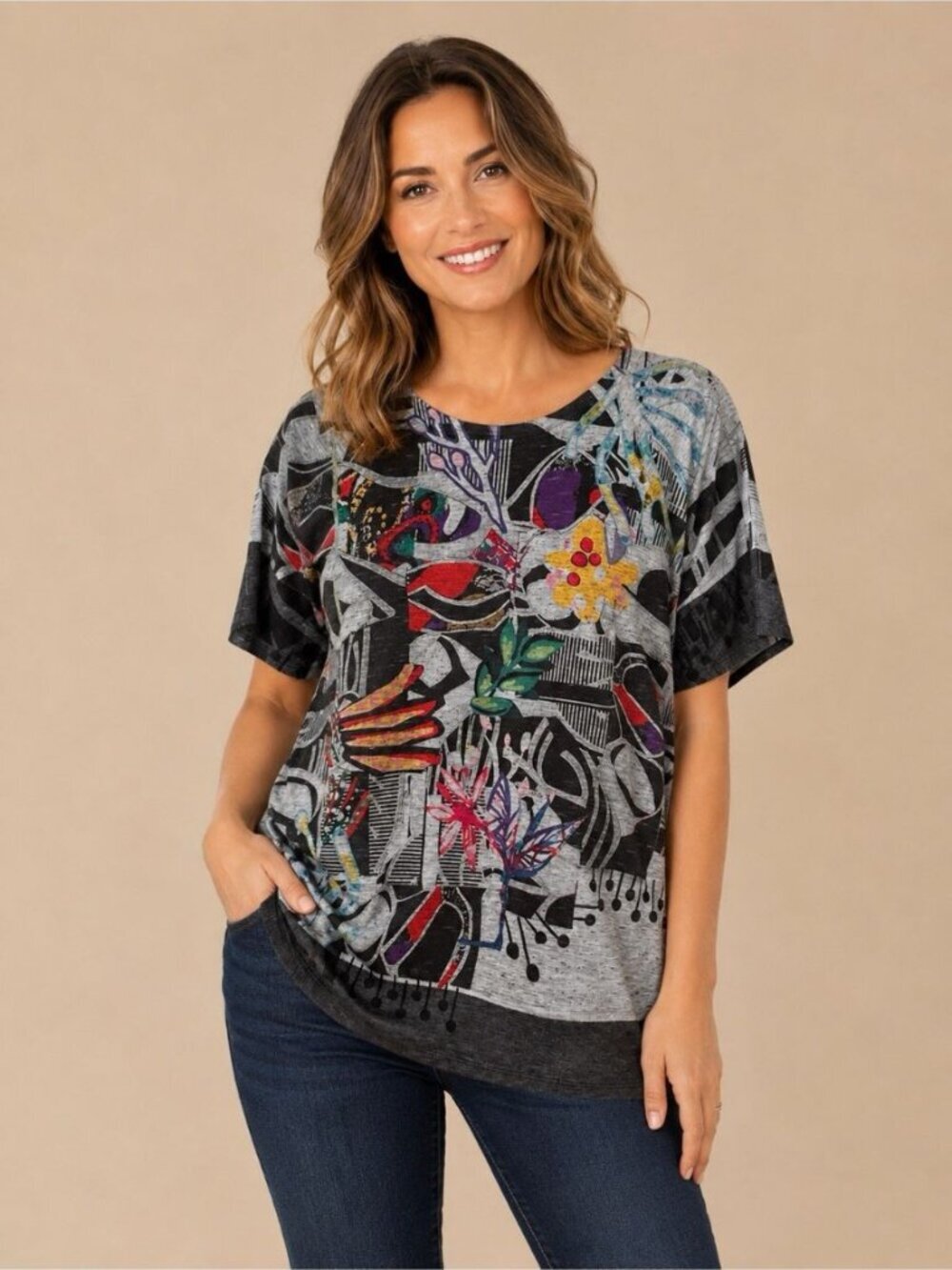 Inoah L Tunic Length Top Artsy to Wear Raglan Sleeve Abstract USA Stretch Casual